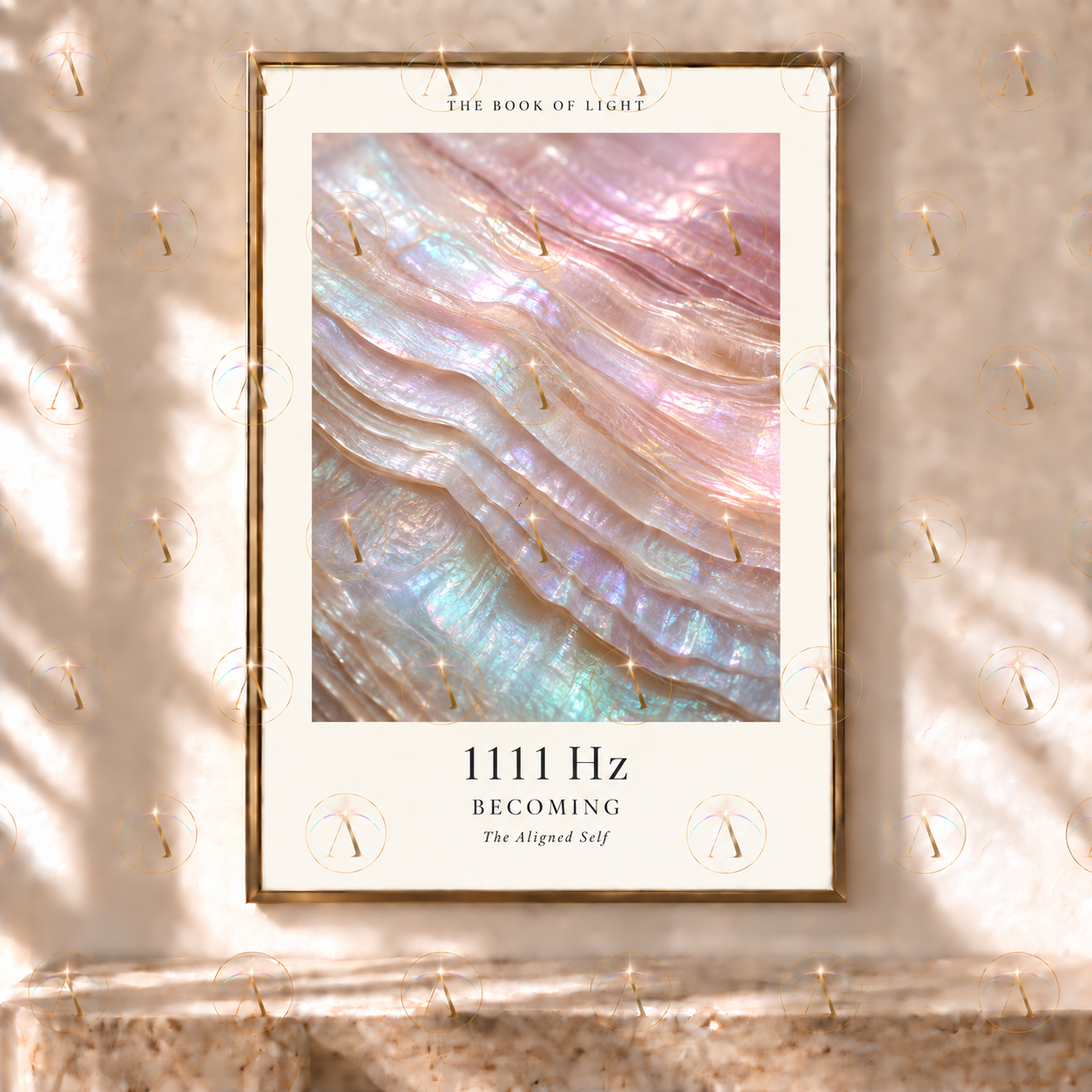 BECOMING, soft pink, ivory, aqua, and lavender nacre layers in a gold frame, shown with a preview watermark.