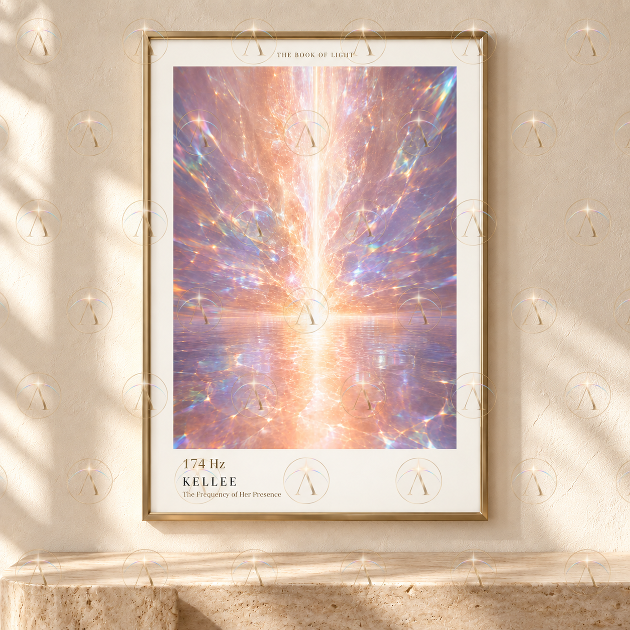 KELLEE, the luminous 174 Hz artwork in a gold frame, shown with its preview watermark.