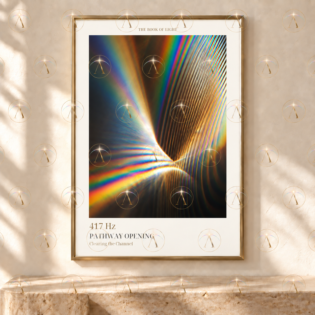 PATHWAY OPENING, sweeping spectral bands against a dark field, shown in a gold frame with a preview watermark.
