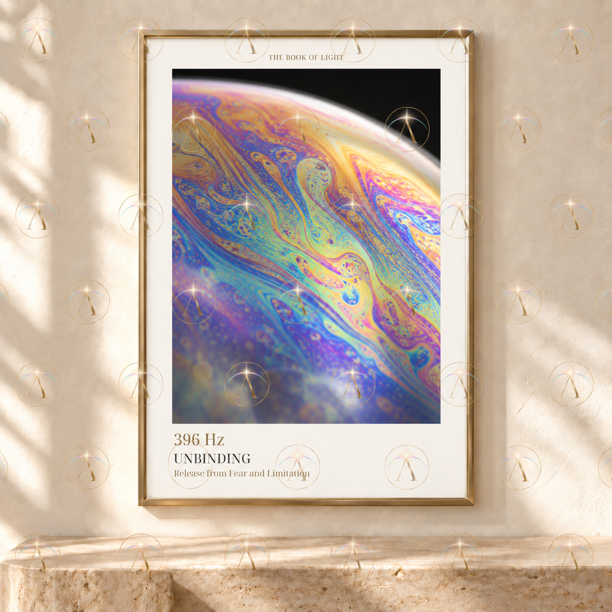UNBINDING, moonlike curved soap-film interference in gold, turquoise, amethyst, and rose, shown in a champagne frame with its preview watermark.